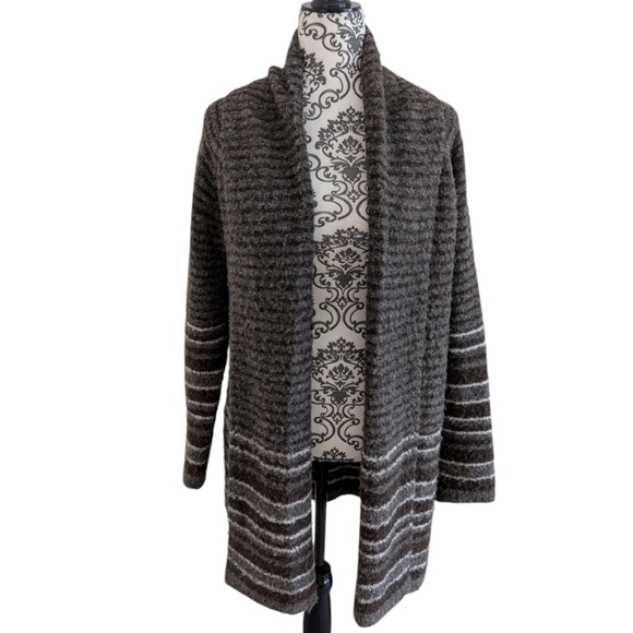 Emproved Long Cardigan Open Front Shawl Collar Brown Beige Cream Women's Small - Picture 2 of 12